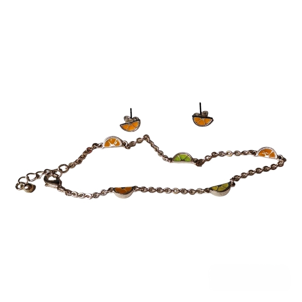 Avon Silvertone Anklet & Earring Set Orange Lime Half Slice‎ 10.25" Lobster Claw